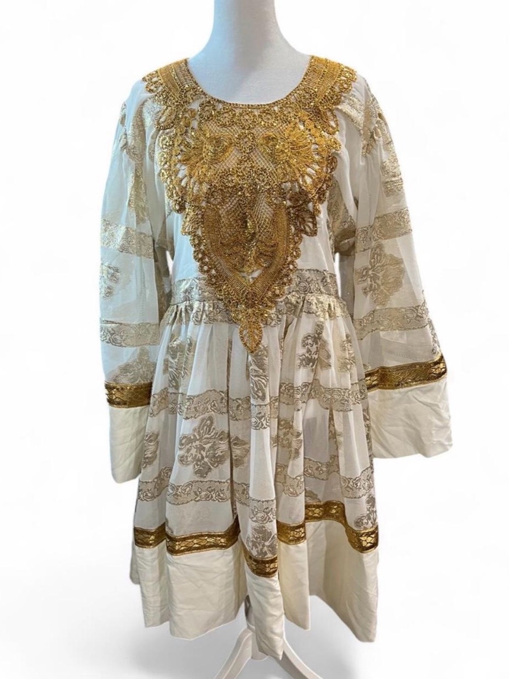 Cream & Gold Embroidered Long-Sleeve Dress